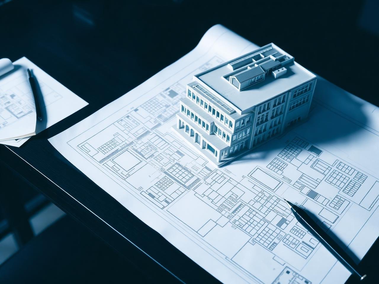 Architectural blueprints and building model